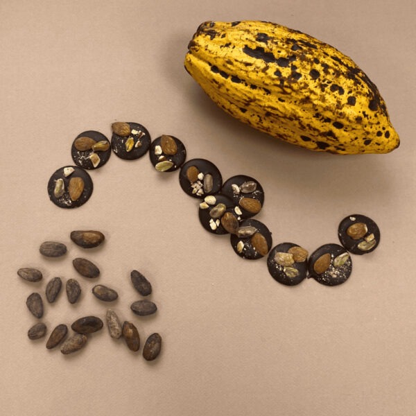 Photo de mendiants chocolat noir, amande noisette et pistache en spirale avec des fèves de cacao et une cabosse de cacao