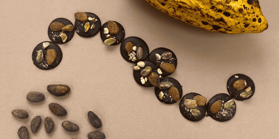 Photo de mendiants chocolat noir, amande noisette et pistache en spirale avec des fèves de cacao et une cabosse de cacao
