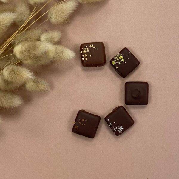 Photo de 5 pralinés noir et lait en dehors de leur boite de chocolat